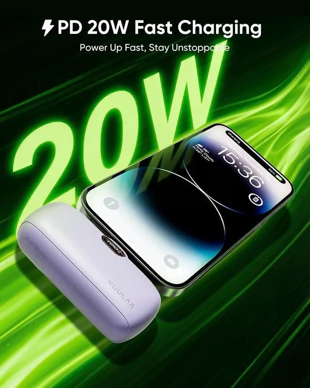 Alt view image 5 of 7 - Kuulaa Portable Charger with Built-in Lightning Cable 5000mAh Small iPhone Fast Charging Mini Portable Phone Charger for iPhone 14/13/13 Pro/12/12 Pro/11/XR/XS/X/8/7/6, Purple