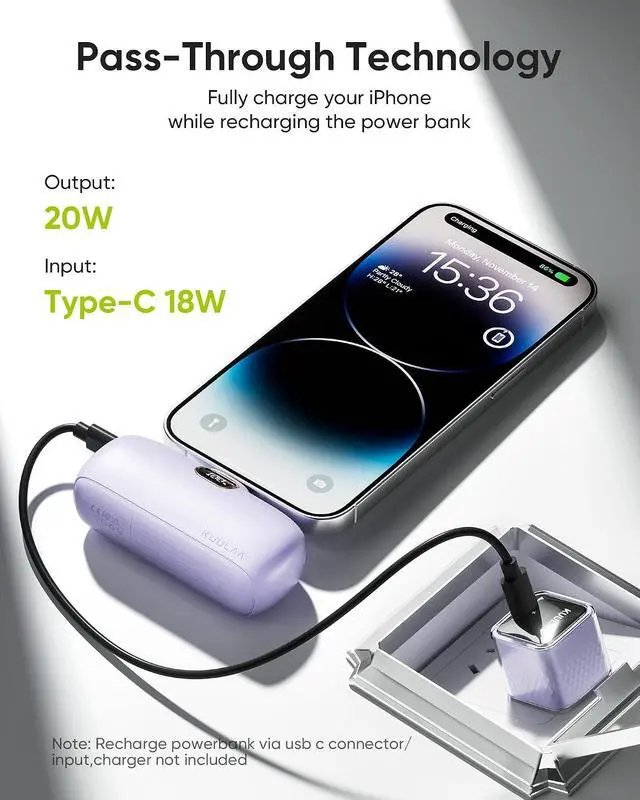 Alt view image 7 of 7 - Kuulaa Portable Charger with Built-in Lightning Cable 5000mAh Small iPhone Fast Charging Mini Portable Phone Charger for iPhone 14/13/13 Pro/12/12 Pro/11/XR/XS/X/8/7/6, Purple