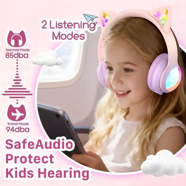 Alt view image 4 of 6 - FosPower Kids Bluetooth 5.2 Headphones with LED Cat Ears (85/94dB Safe Volume Limit) Foldable Wireless or Wired Headset with 100hr Play Time and 3.5mm Cable for School/Travel - Light Pink/Light Purple