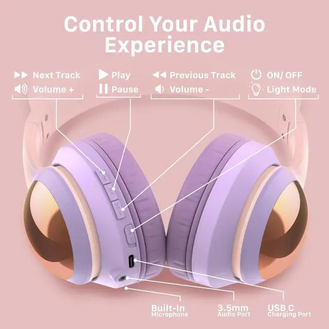 Alt view image 3 of 6 - FosPower Kids Bluetooth 5.2 Headphones with LED Cat Ears (85/94dB Safe Volume Limit) Foldable Wireless or Wired Headset with 100hr Play Time and 3.5mm Cable for School/Travel - Light Pink/Light Purple