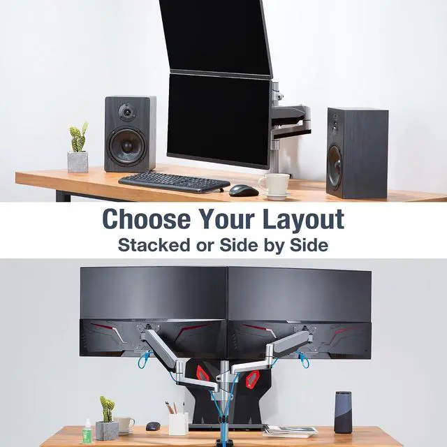Alt view image 5 of 7 - AVLT Dual Stacked Monitor Arm Desk Mount for 13-27" Screens - Silver | Supports flat/curved/ultrawide screens up to 19.8 lbs each. Smooth gas spring, VESA 75x75/100x100 and cable management