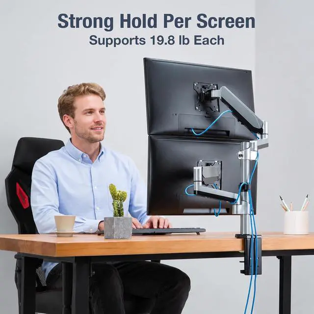 Alt view image 6 of 7 - AVLT Dual Stacked Monitor Arm Desk Mount for 13-27" Screens - Silver | Supports flat/curved/ultrawide screens up to 19.8 lbs each. Smooth gas spring, VESA 75x75/100x100 and cable management