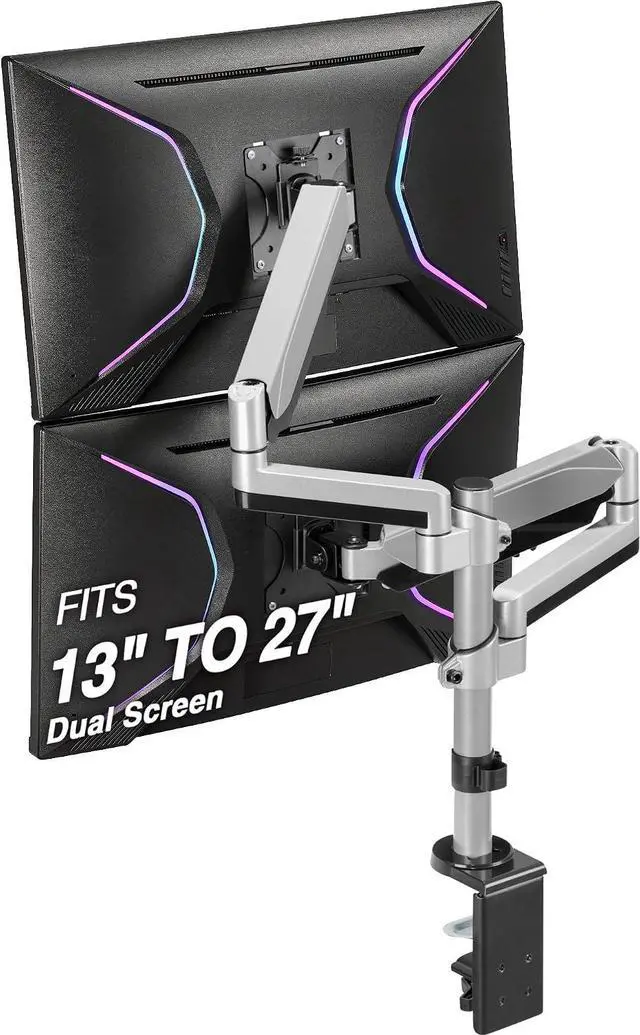Main image of AVLT Dual Stacked Monitor Arm Desk Mount for 13-27" Screens - Silver | Supports flat/curved/ultrawide screens up to 19.8 lbs each. Smooth gas spring, VESA 75x75/100x100 and cable management