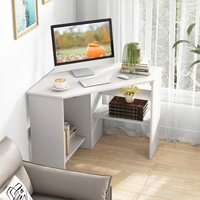 Alt view image 2 of 7 - GOFLAME Corner Desk with Storage Shelves, Triangular Computer Desk with Cable Management Holes, Laptop Workstation for Small Space, Makeup Vanity Desk for Living Room, Study, White