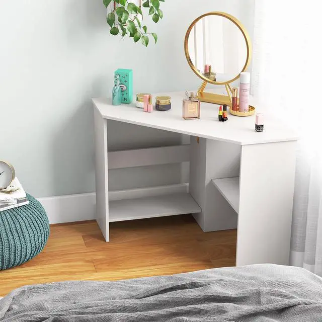 Alt view image 4 of 7 - GOFLAME Corner Desk with Storage Shelves, Triangular Computer Desk with Cable Management Holes, Laptop Workstation for Small Space, Makeup Vanity Desk for Living Room, Study, White