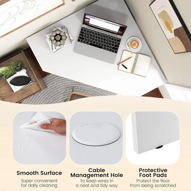 Alt view image 6 of 7 - GOFLAME Corner Desk with Storage Shelves, Triangular Computer Desk with Cable Management Holes, Laptop Workstation for Small Space, Makeup Vanity Desk for Living Room, Study, White