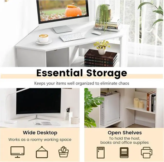 Alt view image 7 of 7 - GOFLAME Corner Desk with Storage Shelves, Triangular Computer Desk with Cable Management Holes, Laptop Workstation for Small Space, Makeup Vanity Desk for Living Room, Study, White