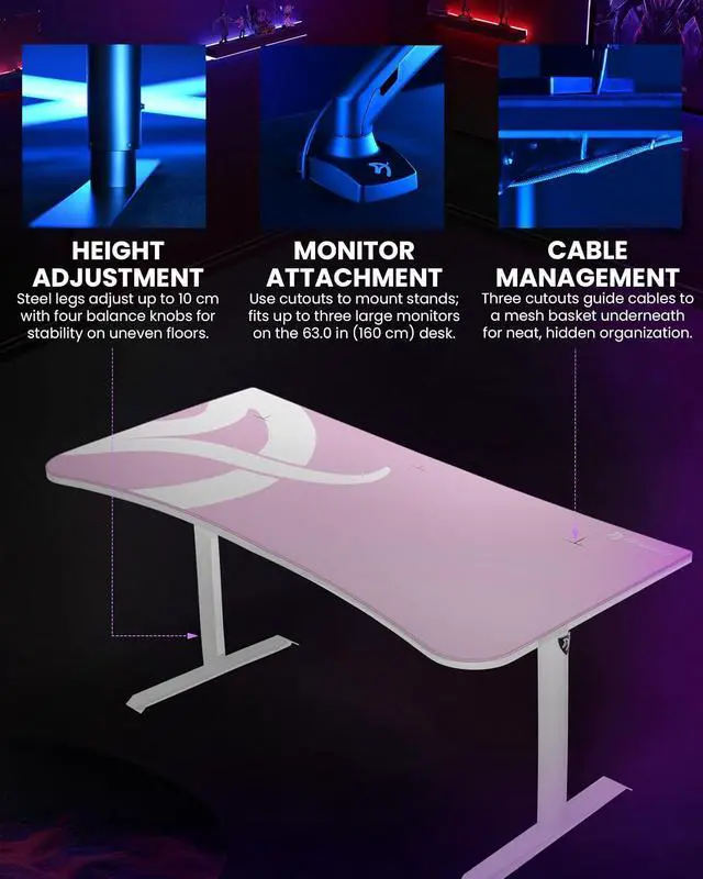 Alt view image 4 of 7 - Arozzi Arena Ultrawide Curved Gaming and Office Desk with Full Surface Water Resistant Desk Mat Custom Monitor Mount Cable Management Cut Outs Under The Desk Cable Management Netting - Pink