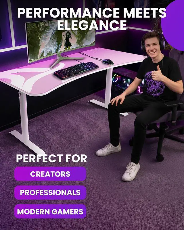 Alt view image 5 of 7 - Arozzi Arena Ultrawide Curved Gaming and Office Desk with Full Surface Water Resistant Desk Mat Custom Monitor Mount Cable Management Cut Outs Under The Desk Cable Management Netting - Pink