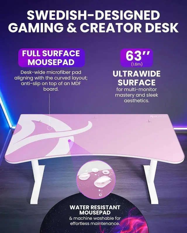 Alt view image 3 of 7 - Arozzi Arena Ultrawide Curved Gaming and Office Desk with Full Surface Water Resistant Desk Mat Custom Monitor Mount Cable Management Cut Outs Under The Desk Cable Management Netting - Pink