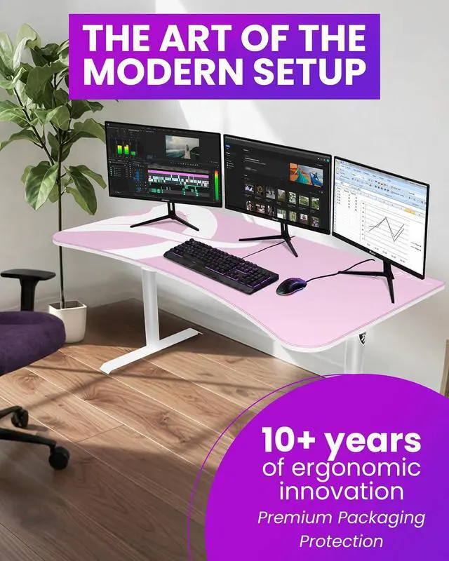 Alt view image 6 of 7 - Arozzi Arena Ultrawide Curved Gaming and Office Desk with Full Surface Water Resistant Desk Mat Custom Monitor Mount Cable Management Cut Outs Under The Desk Cable Management Netting - Pink