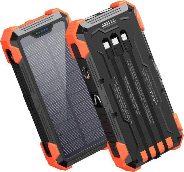 Main image of GOODaaa Solar Power Bank 24000mAh, Portable Charger with 4 Built-in Cables, 15W Fast Charging 5 Outputs 2 Inputs Battery Pack, Thermometer & SOS Flashlight for iPhone 17/16, Samsung, All Cell Phones