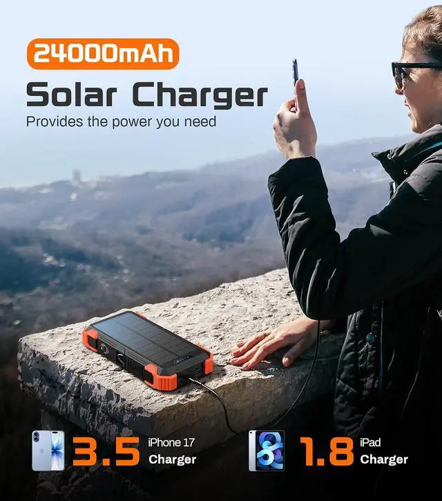 Alt view image 2 of 7 - GOODaaa Solar Power Bank 24000mAh, Portable Charger with 4 Built-in Cables, 15W Fast Charging 5 Outputs 2 Inputs Battery Pack, Thermometer & SOS Flashlight for iPhone 17/16, Samsung, All Cell Phones