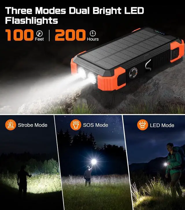 Alt view image 5 of 7 - GOODaaa Solar Power Bank 24000mAh, Portable Charger with 4 Built-in Cables, 15W Fast Charging 5 Outputs 2 Inputs Battery Pack, Thermometer & SOS Flashlight for iPhone 17/16, Samsung, All Cell Phones