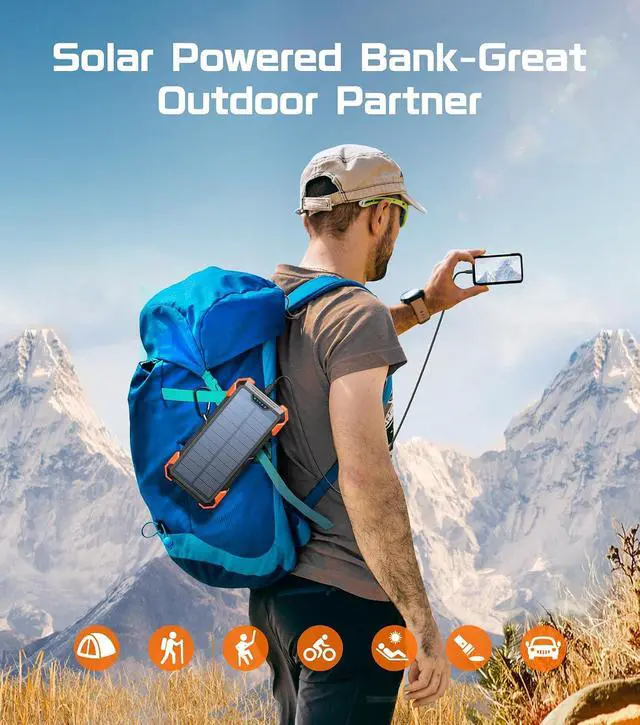 Alt view image 7 of 7 - GOODaaa Solar Power Bank 24000mAh, Portable Charger with 4 Built-in Cables, 15W Fast Charging 5 Outputs 2 Inputs Battery Pack, Thermometer & SOS Flashlight for iPhone 17/16, Samsung, All Cell Phones