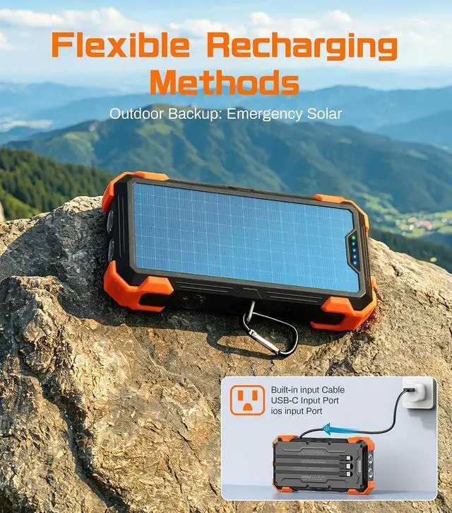 Alt view image 6 of 7 - GOODaaa Solar Power Bank 24000mAh, Portable Charger with 4 Built-in Cables, 15W Fast Charging 5 Outputs 2 Inputs Battery Pack, Thermometer & SOS Flashlight for iPhone 17/16, Samsung, All Cell Phones