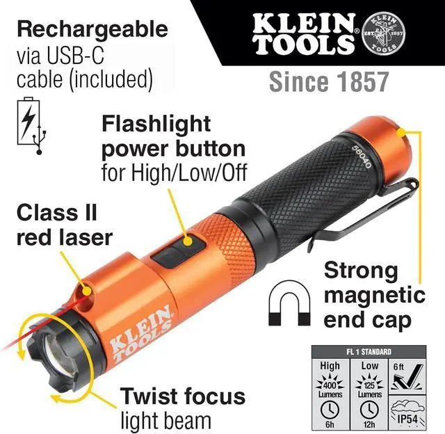 Alt view image 2 of 7 - KLEIN TOOLS 56040 Magnetic LED Flashlight, 350 Lumen Rechargeable Flashlight, Twist Focus, Laser Pointer, Hands-Free, USB Charging Cable, for Work and Outdoor