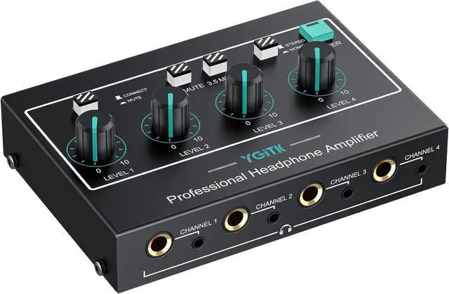 Main image of 4 Channel Headphone Amplifier,Stereo Audio Amplifier Mixer with 3 Audio Inputs, Individual Mute & Volume Control, Mono/Stereo 1/4" & 1/8" TRS Output, Includes Power Adapter & Audio Cables