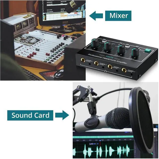 Alt view image 2 of 7 - 4 Channel Headphone Amplifier,Stereo Audio Amplifier Mixer with 3 Audio Inputs, Individual Mute & Volume Control, Mono/Stereo 1/4" & 1/8" TRS Output, Includes Power Adapter & Audio Cables
