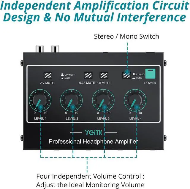 Alt view image 4 of 7 - 4 Channel Headphone Amplifier,Stereo Audio Amplifier Mixer with 3 Audio Inputs, Individual Mute & Volume Control, Mono/Stereo 1/4" & 1/8" TRS Output, Includes Power Adapter & Audio Cables