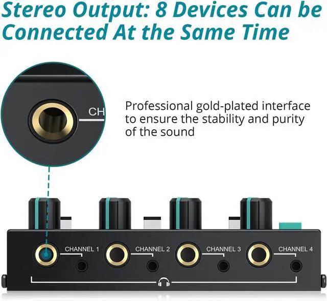 Alt view image 6 of 7 - 4 Channel Headphone Amplifier,Stereo Audio Amplifier Mixer with 3 Audio Inputs, Individual Mute & Volume Control, Mono/Stereo 1/4" & 1/8" TRS Output, Includes Power Adapter & Audio Cables