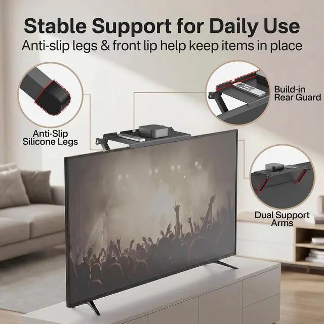 Alt view image 4 of 6 - 13 Inch Wide Platform TV Top Shelf for Cable Box, Adjustable Shelf for Top of TV with Remote Holder & Anti-Slip Legs, Flat Screen TV Top Shelf for Streaming Devices, Router, Media Box, Game Console