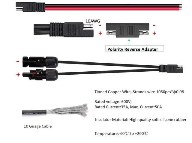 Alt view image 2 of 7 - Solar Panel Connectors 10AWG Compatible with MC-4 Solar Connecter to SAE Adapter PV Extension Cable Wire for RV Caravan Solar Panels Battery Charger kit with Two SAE to SAE Polarity Reverse Adapters