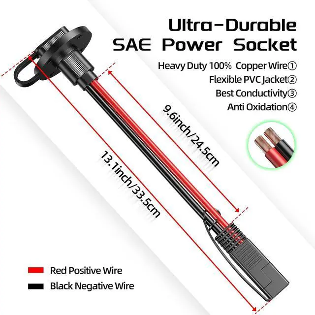 Alt view image 2 of 7 - SAE Connector Power Socket Sidewall Port, 10AWG Cable Weatherproof Cable Quick Connect Panel Mount Universal Flush Mount Adapter for Solar Generator Battery Charger (2 Pack)