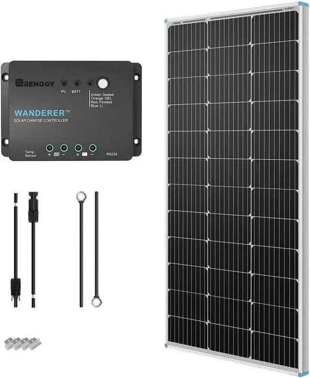 Main image of Renogy 100W 12V Solar Panel Starter Kit, 100 Watt Monocrystalline Solar Panel, 30A LCD PWM Charger Controller, Adaptor Kit, Tray Cables, Z Brackets for RV, Camper, and Other Off Grid Applications