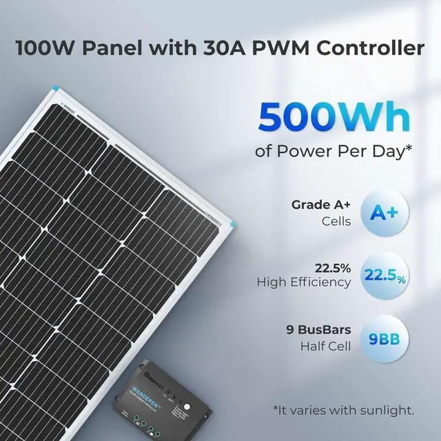 Alt view image 2 of 6 - Renogy 100W 12V Solar Panel Starter Kit, 100 Watt Monocrystalline Solar Panel, 30A LCD PWM Charger Controller, Adaptor Kit, Tray Cables, Z Brackets for RV, Camper, and Other Off Grid Applications