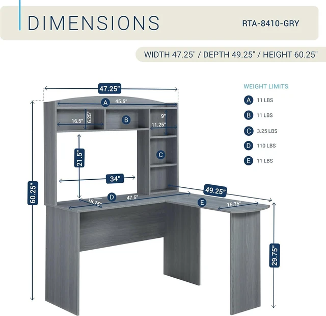 Alt view image 3 of 7 - Techni Mobili Modern L-Shaped Desk with Hutch, Grey