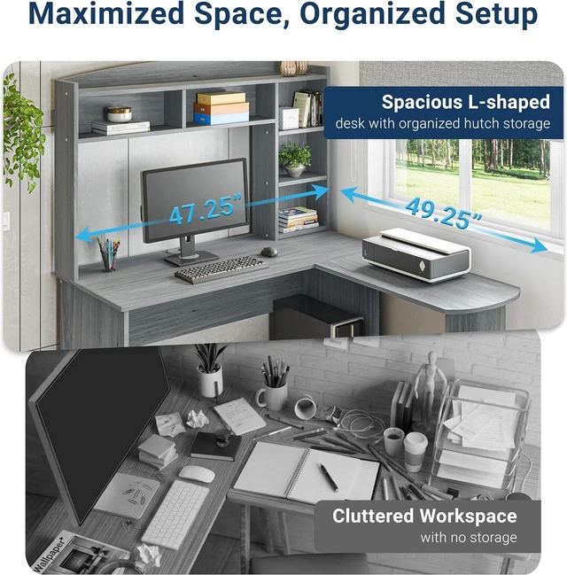 Alt view image 4 of 7 - Techni Mobili Modern L-Shaped Desk with Hutch, Grey