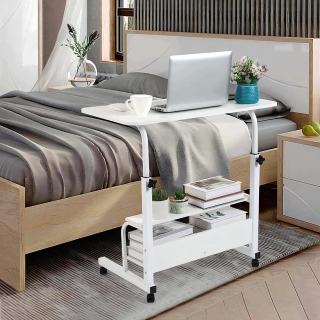 Alt view image 2 of 7 - Computer Desk Adjustable Home Office Bedside Small Spaces Storage Convenient Universal Movable Table Detachable Wheels Living Room Sofa Furniture Size 15.7 * 31.5 Inch,White
