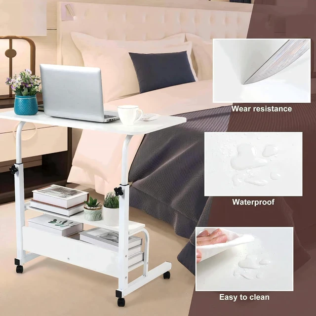 Alt view image 4 of 7 - Computer Desk Adjustable Home Office Bedside Small Spaces Storage Convenient Universal Movable Table Detachable Wheels Living Room Sofa Furniture Size 15.7 * 31.5 Inch,White