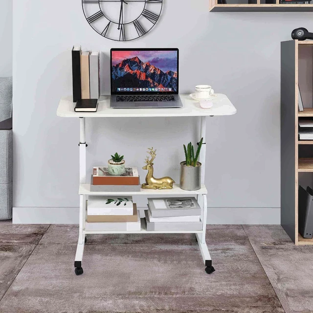 Alt view image 5 of 7 - Computer Desk Adjustable Home Office Bedside Small Spaces Storage Convenient Universal Movable Table Detachable Wheels Living Room Sofa Furniture Size 15.7 * 31.5 Inch,White
