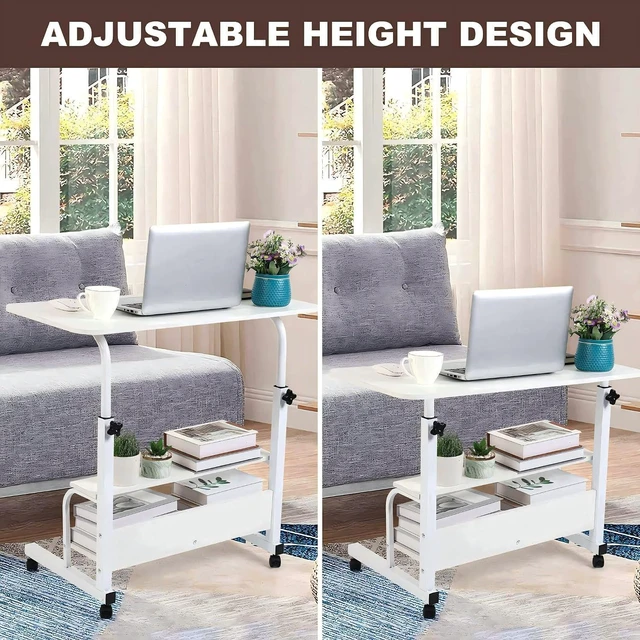 Alt view image 6 of 7 - Computer Desk Adjustable Home Office Bedside Small Spaces Storage Convenient Universal Movable Table Detachable Wheels Living Room Sofa Furniture Size 15.7 * 31.5 Inch,White