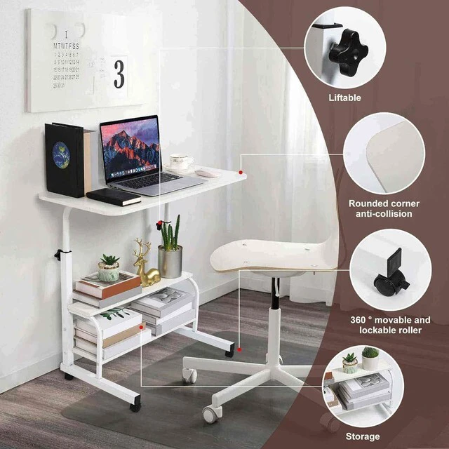 Alt view image 7 of 7 - Computer Desk Adjustable Home Office Bedside Small Spaces Storage Convenient Universal Movable Table Detachable Wheels Living Room Sofa Furniture Size 15.7 * 31.5 Inch,White
