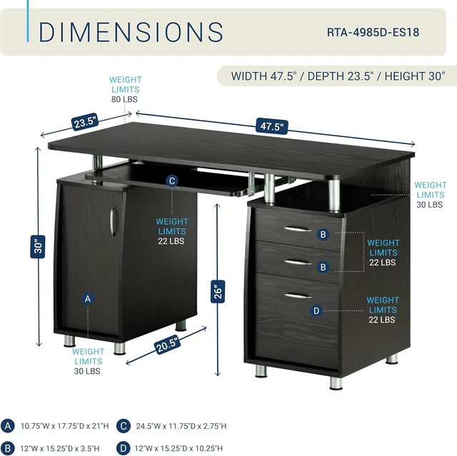 Alt view image 3 of 7 - Techni Mobili 48''W Computer Desk with File Cabinet & Drawers, Espresso