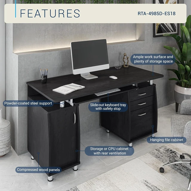 Alt view image 4 of 7 - Techni Mobili 48''W Computer Desk with File Cabinet & Drawers, Espresso