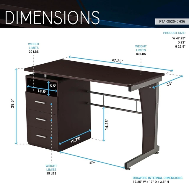 Alt view image 3 of 7 - Techni Mobili 48"W Computer Desk w/ 3-Drawers & Storage Compartment, Brown