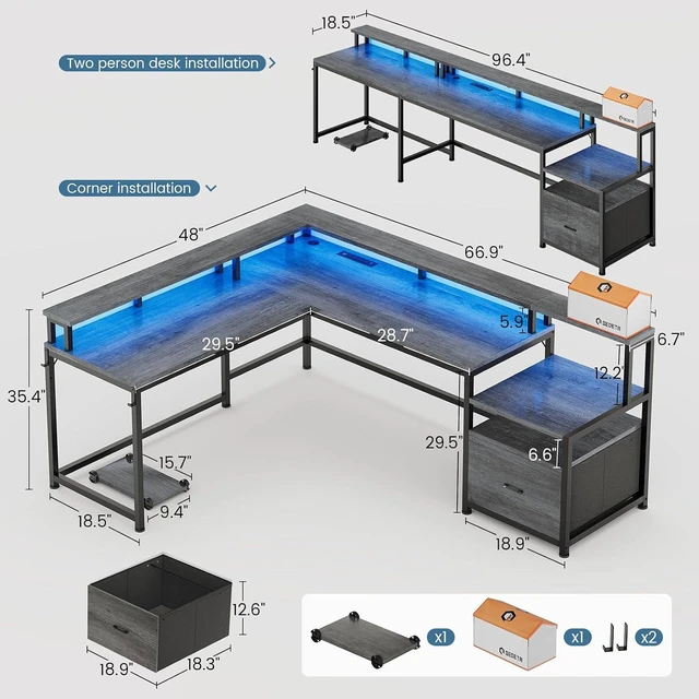 Alt view image 3 of 7 - SEDETA 66" Reversible L Shaped Computer Desk with Power Outlet, File Drawer