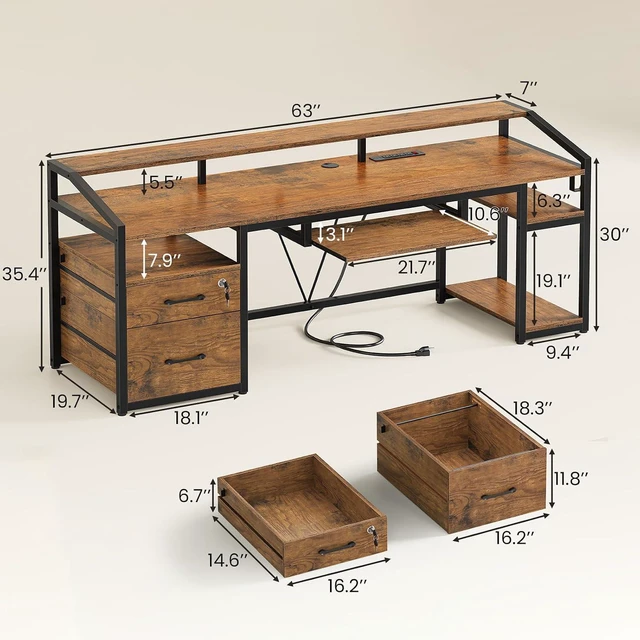 Alt view image 2 of 7 - SEDETA 63" Computer Desk, Office Desk with Lock Drawers for Legal/Letter File, Gaming Desk with LED Light & Power Outlet, Home Office Desks for Printer, Rustic Brown
