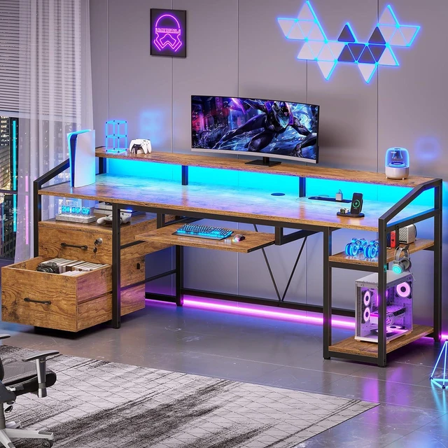 Alt view image 3 of 7 - SEDETA 63" Computer Desk, Office Desk with Lock Drawers for Legal/Letter File, Gaming Desk with LED Light & Power Outlet, Home Office Desks for Printer, Rustic Brown