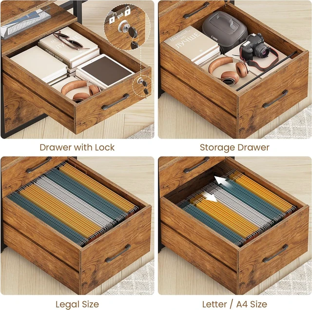 Alt view image 4 of 7 - SEDETA 63" Computer Desk, Office Desk with Lock Drawers for Legal/Letter File, Gaming Desk with LED Light & Power Outlet, Home Office Desks for Printer, Rustic Brown