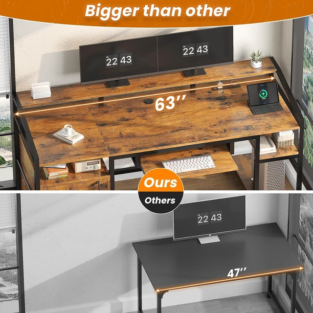 Alt view image 5 of 7 - SEDETA 63" Computer Desk, Office Desk with Lock Drawers for Legal/Letter File, Gaming Desk with LED Light & Power Outlet, Home Office Desks for Printer, Rustic Brown