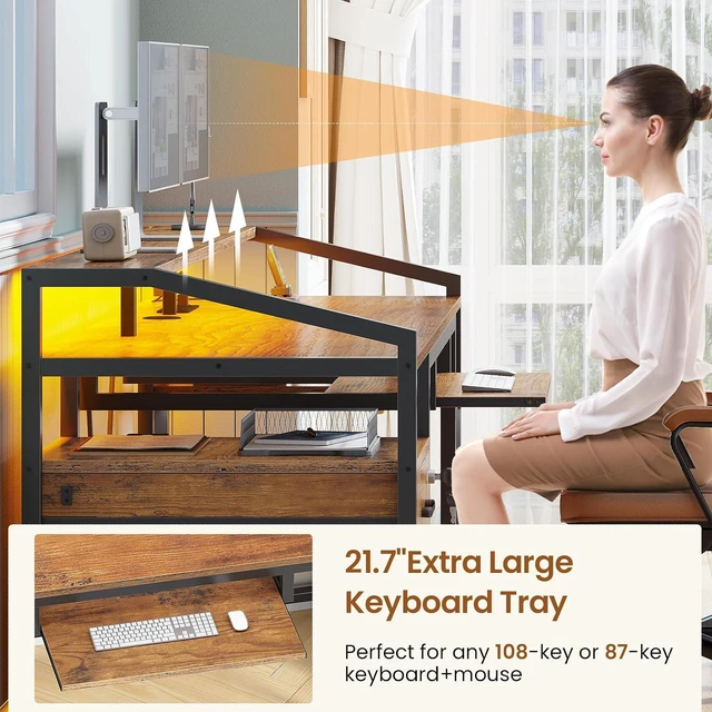 Alt view image 6 of 7 - SEDETA 63" Computer Desk, Office Desk with Lock Drawers for Legal/Letter File, Gaming Desk with LED Light & Power Outlet, Home Office Desks for Printer, Rustic Brown
