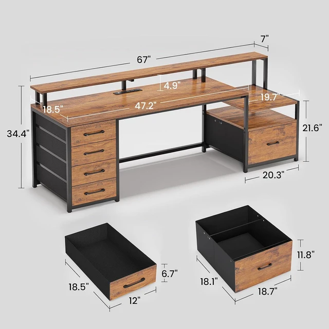 Alt view image 2 of 7 - SEDETA 66'' Computer Desk with 5 Drawer, Power Outlet for Home Office