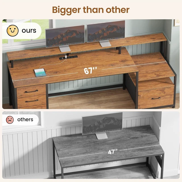 Alt view image 4 of 7 - SEDETA 66'' Computer Desk with 5 Drawer, Power Outlet for Home Office