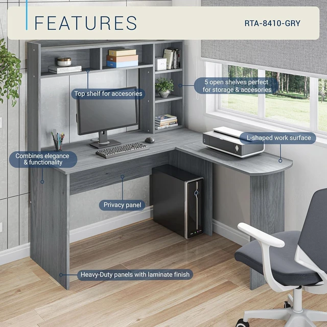 Alt view image 5 of 7 - Techni Mobili Modern L-Shaped Desk with Hutch, Grey