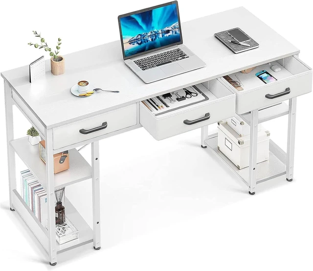Main image of ODK Office Small Computer Desk: Home Table with Fabric Drawers & Storage Shelves, Modern Writing Desk, White, 48"x16"